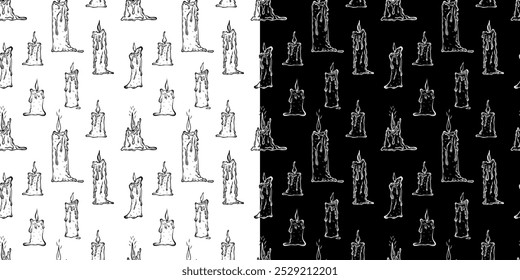 Seamless background of melted candles, engraving. Handmade candle, vector sketch, black outline.