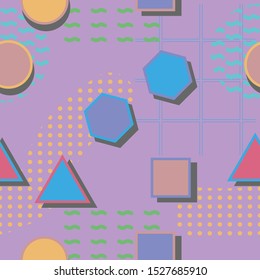 Seamless background, Memphis Style Pattern, colorful against a Dark Purple background