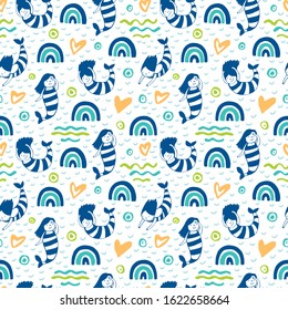 Seamless background with mermaids and a rainbow.
