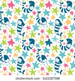 Seamless background with mermaids and starfish. Drawn with a brush.
