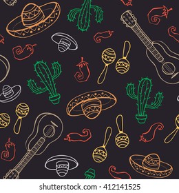 Seamless background with mexican culture attributes. Hand drawn pattern. Mexican background from guitars,sombrero, maracas and cactuses.