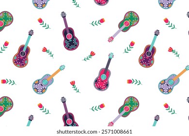 Seamless background with Mexican guitars and flowers. Vector illustration.