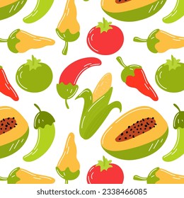 Seamless background of Mexican vegetables, peppers, papaya, tomato and corn. Seamless pattern of vegetables and fruits.