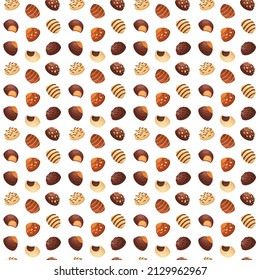 Seamless background with milk and dark chocolate candies. Vector illustration in a minimalistic flat style, sweets. Textile printing, print design, postcards.