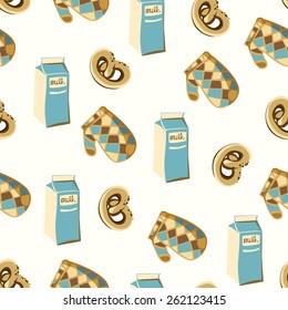 Seamless background with milk, potholder and pretzel.