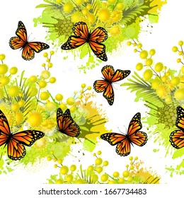 Un fondo fluido de mimosa con mariposas. Ilustración del vector