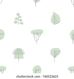 Seamless background with mint color with simple shapes of trees and bushes. Vector