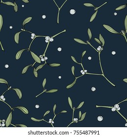 Seamless background with mistletoe branches and berries. Vector illustration