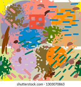 Seamless background of modern abstract multicolored watercolor shapes, strokes, lines, circles, squares. Wallpaper wrapping paper.