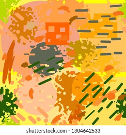 Seamless background of modern abstract multicolored watercolor shapes, strokes, lines, circles, squares. Wallpaper wrapping paper.
