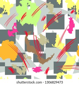 Seamless background of modern abstract multicolored watercolor shapes, strokes, lines, circles, squares. Wallpaper wrapping paper.