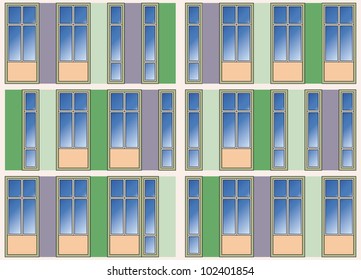 Seamless background of modern building facade with vertical windows and colorful plastic panels in blue, violet, green and pink tones