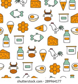 Seamless background with modern cute hand drawn objects with products containing animal protein and prohibited for vegans: milk, cheese, egg, yogurt, fish, ice cream, red meat, honey, poultry meat
