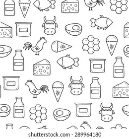 Seamless background with modern cute hand drawn outline objects with products containing animal protein and prohibited for vegans: milk, cheese, egg, yogurt, fish, ice cream, red meat, honey, poultry