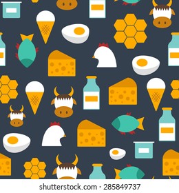 Seamless background with modern flat objects with products containing animal protein and prohibited for vegans: milk, cheese, egg, yogurt, fish, ice cream, red meat, honey, poultry meat. Healthy food