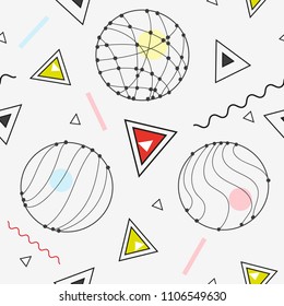 Seamless background in modern geometric abstract style with circles triangles and lines for wrapping paper, fashion prints, wallpaper or web backgrounds