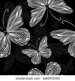 The seamless background of monochrome butterflies. Butterfly abstraction from the lines. Vector illustration