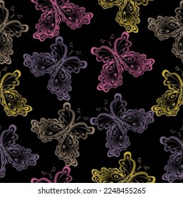 The seamless background of monochrome butterflies. Butterflies and dandelions of gold color on a black background in a vector pattern.
