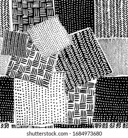 A seamless background from Monochrome hatching. Country square patchwork fabric. Patchwork. vector illustration