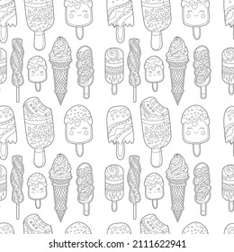 Seamless background with monochrome ice cream cones. Endless texture with different sweet deserts.  Coloring book style for children and adults