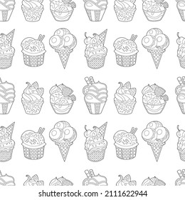 Seamless background with monochrome ice cream cones. Endless texture with different sweet deserts.  Coloring book style for children and adults