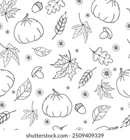 Seamless background with monochrome leaves, pumpkins, mushrooms and acorns. Black outlines of autumn symbols, hand drawn doodles on white background. Vector illustration for textile print, wrapping