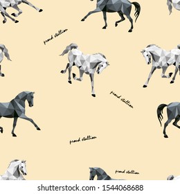 seamless background of monochrome polygonal vector-isolated images of horses on a colored background in the style of " low poly"
