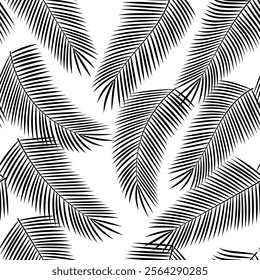 Seamless background monochrome vector pattern - palm leaves isolated on transparent background. Tropical plants.