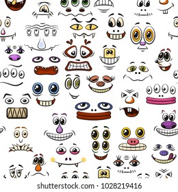 Seamless Background with Monster Faces, Different Eyes, Mouths, Teeth and Noses, Colorful Tile Pattern for Your Design with Cute Funny Cartoon Mugs. Vector