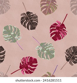 Seamless background with monstera leaves. Design for cloth, wallpaper, gift wrapping. Print for silk, calico and home textiles.Vintage natural pattern