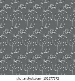 Seamless background. Monsters and freaks. Set 23. Bear-Yeti. Black-white. Vector illustration