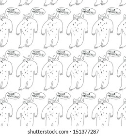 Seamless background. Monsters and freaks. Set 22. Bear-Yeti. Black-white. Vector illustration