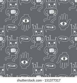 Seamless background. Monsters and freaks. Set 15. Robot. Black-white. Vector illustration
