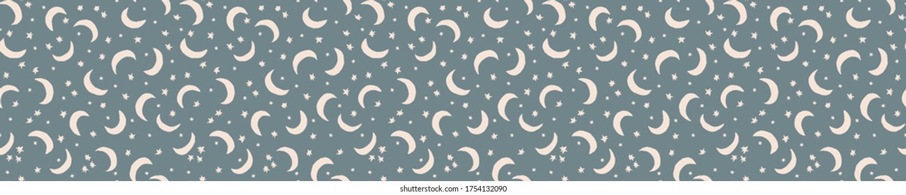 Seamless Background Moon Banner. Gender Neutral Baby Border Pattern. Simple Whimsical Minimal Earthy 2 Tone Color. Kids Nursery Edging Or Boho Nature Starry Fashion Ribbon Trim.