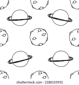 Seamless background with the moon with craters and saturn. Space background. Pattern with celestial planets.