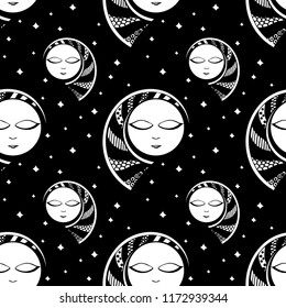 seamless background with moon and star. black and white. vector.