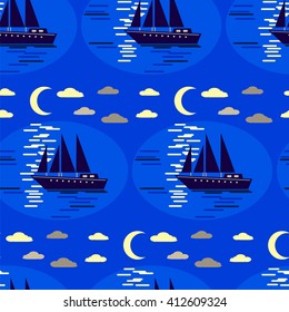 Seamless background, moonlight night, sea, yacht, vector illustration