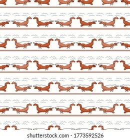 Seamless background Mosasaurus dinosaur stripe gender neutral baby pattern. Simple whimsical minimal earthy 2 tone color. Kids nursery wallpaper or boho cartoon animal fashion all over print.