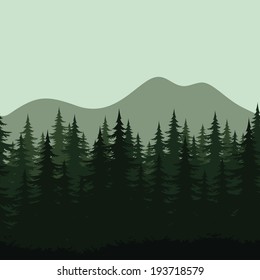 Seamless background, mountain landscape, night forest with fir trees silhouettes. Vector