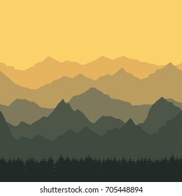 Seamless background with mountain peaks, forest, sky. Design for a tourist poster, banner, postcard. Yellow landscape at sunrise or sunset. Vector illustration. 