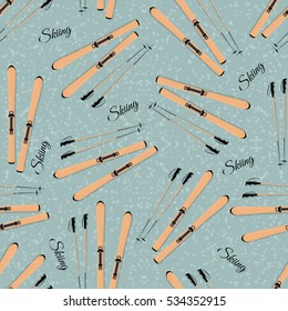 Seamless background with mountain skiing and sticks. Pattern. Let's go skiing.