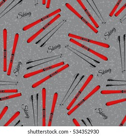 Seamless background with mountain skiing and sticks. Pattern. Let's go skiing.