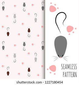 Seamless background. Mouse pattern. Mice vector illustration. Rat with cute pink paw.