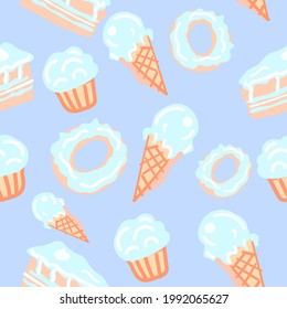 Seamless background with muffins, cakes and ice cream. Packaging. Festive textile design.