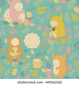 Seamless background with mugs of cocoa, tea, monsters and cookies. Vector pattern