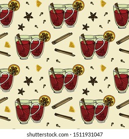Seamless background with mulled wine and spices. Hand-drawn vector illustration.