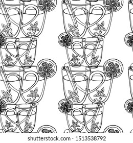 Seamless background with mulled wine and spices. Hand-drawn vector illustration.