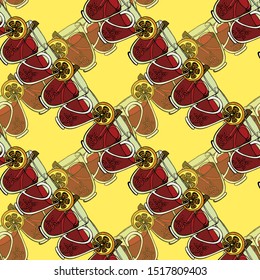 Seamless background with mulled wine and spices. Hand-drawn vector illustration.