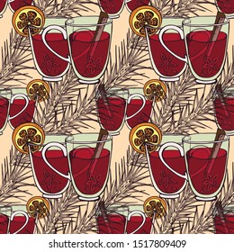 Seamless background with mulled wine and spices. Hand-drawn vector illustration.