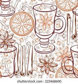 Seamless background with mulled wine and spices. Hand-drawn vector illustration.